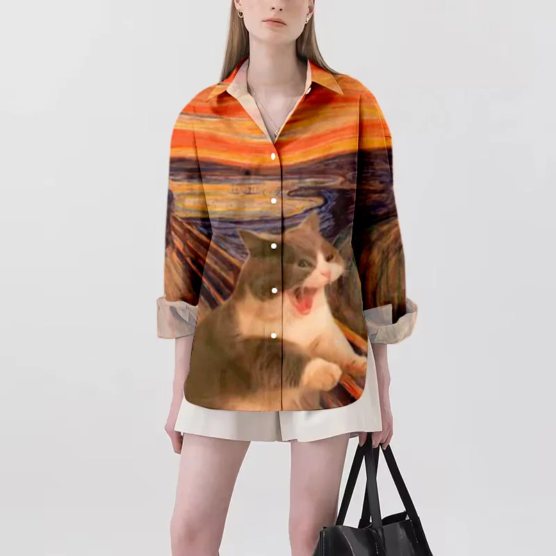 Fashionable Retro Women Cat Printed Shirt New 3D Animal Hawaiian Y2k Casual Button V-neck Loose American Oversized