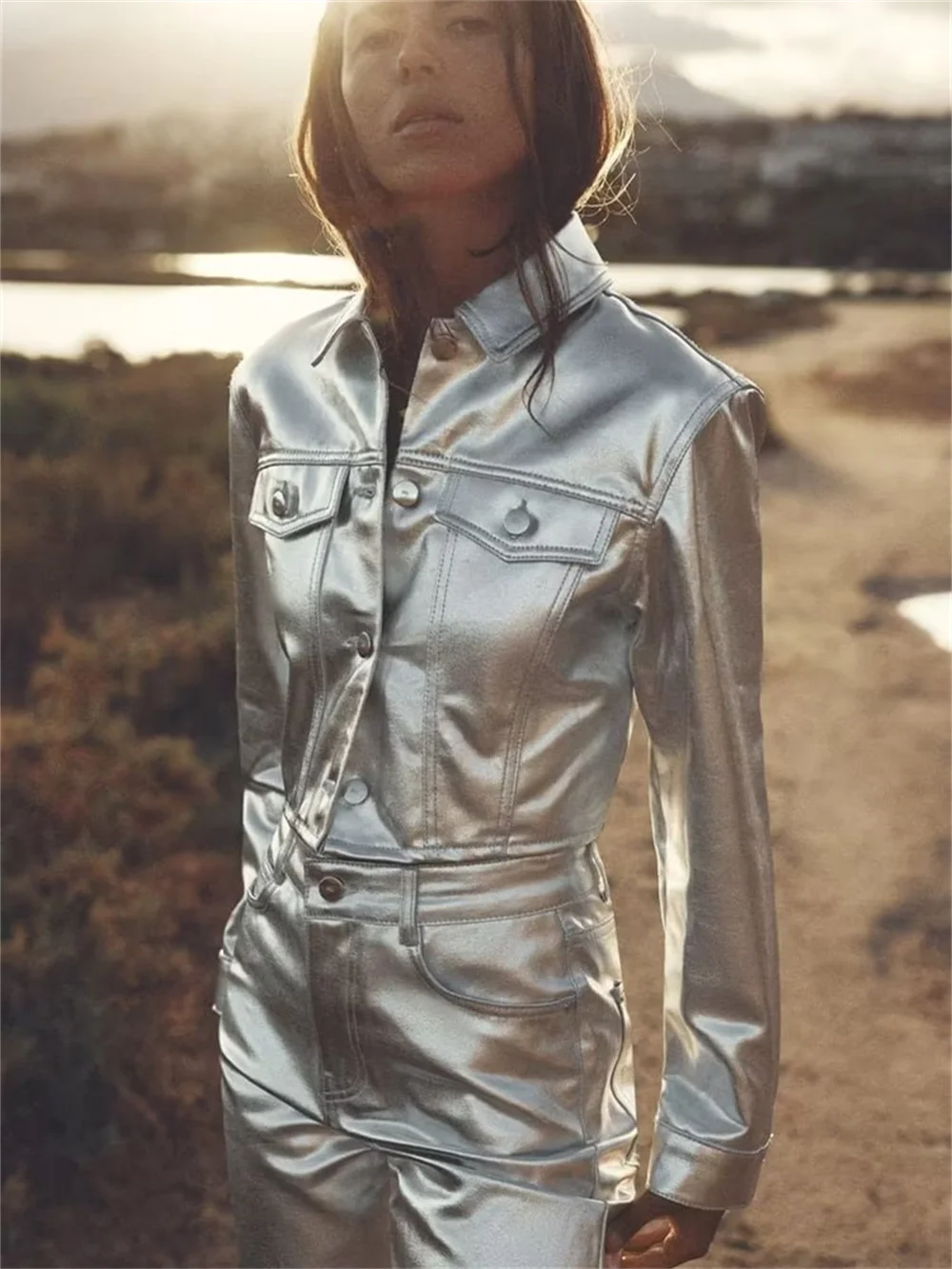 

Женская куртка Puwd, осень 2023, модная женская повседневная куртка, короткая однобортная куртка с металлическим узором и длинным рукавом, женские топы