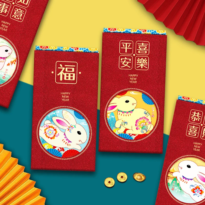 

6 шт. красные конверты, милый кролик Hongbao на новый год 2023, красные карманы, счастливые деньги, конфеты
