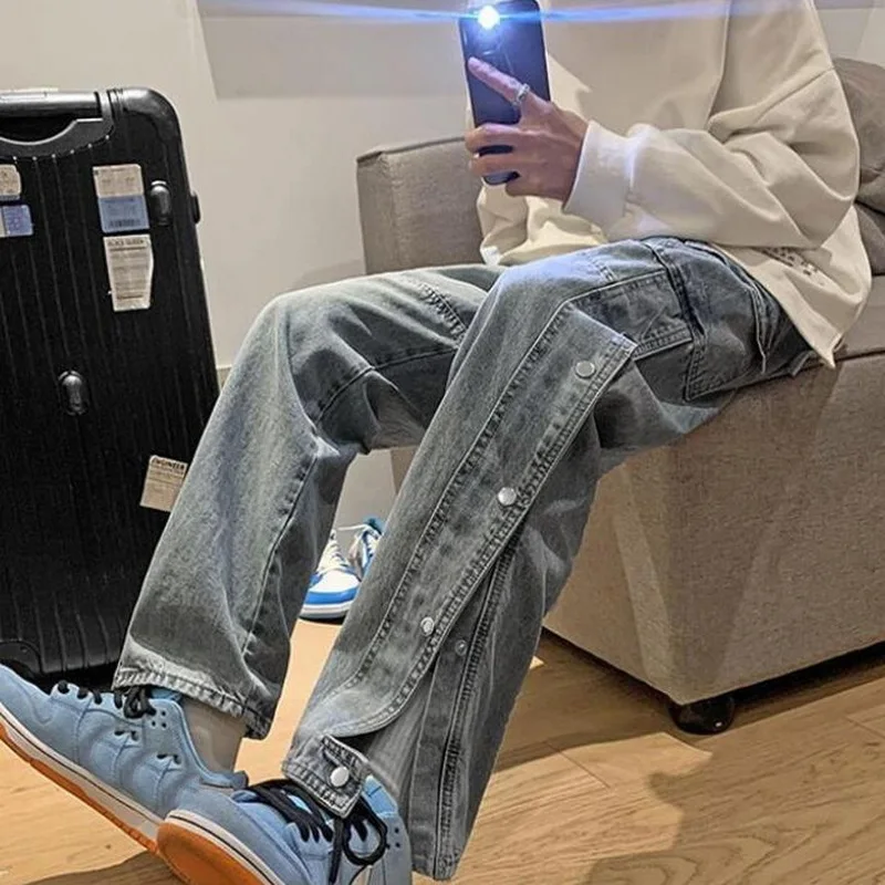 Jeans Men Breasted Trousers Split Jeans Men's Loose Straight High Street Retro Distressed Man Denim Pants