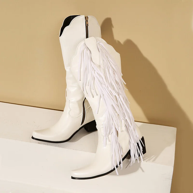 

Женские сапоги до колена, удобные сапоги на среднем квадратном каблуке, ковбойские сапоги для прогулок, большой размер 43, весна-осень 2022