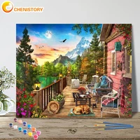 chenistory diy frame picture by number lakeside cabin scenery painting by numbers on canvas for adults home decoration gift