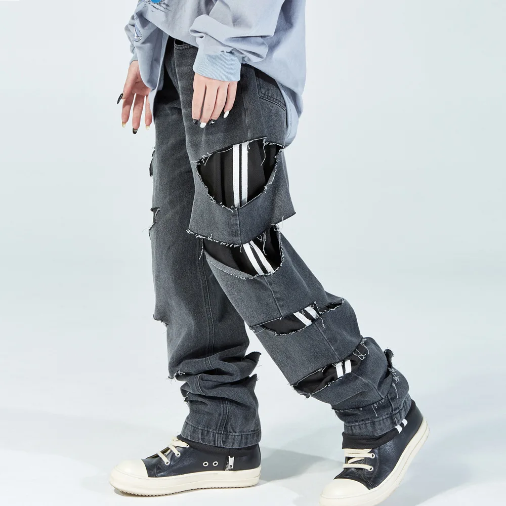 

HOUZHOU Patchwork Distressed Jeans Pants Men Ripped Jeans for Men Y2K Blue Denim Trousers Male Japanese Streetwear Hip Hop