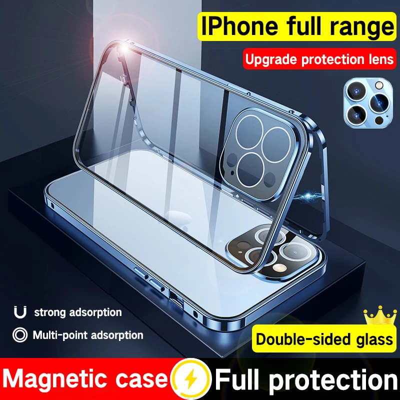 ZZMA Fashion Magnetic Adsorption Glass Phone Case For iPhone 13 12 11 Pro Max XS XR Mini 360° Full Protection Case Cover