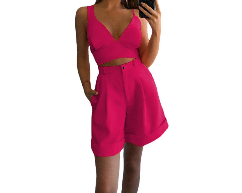 

Women's Summer Suit Fashion New Solid Color V-neck Sexy Tops High Waist Casual Shorts 2023 Ladies Suit