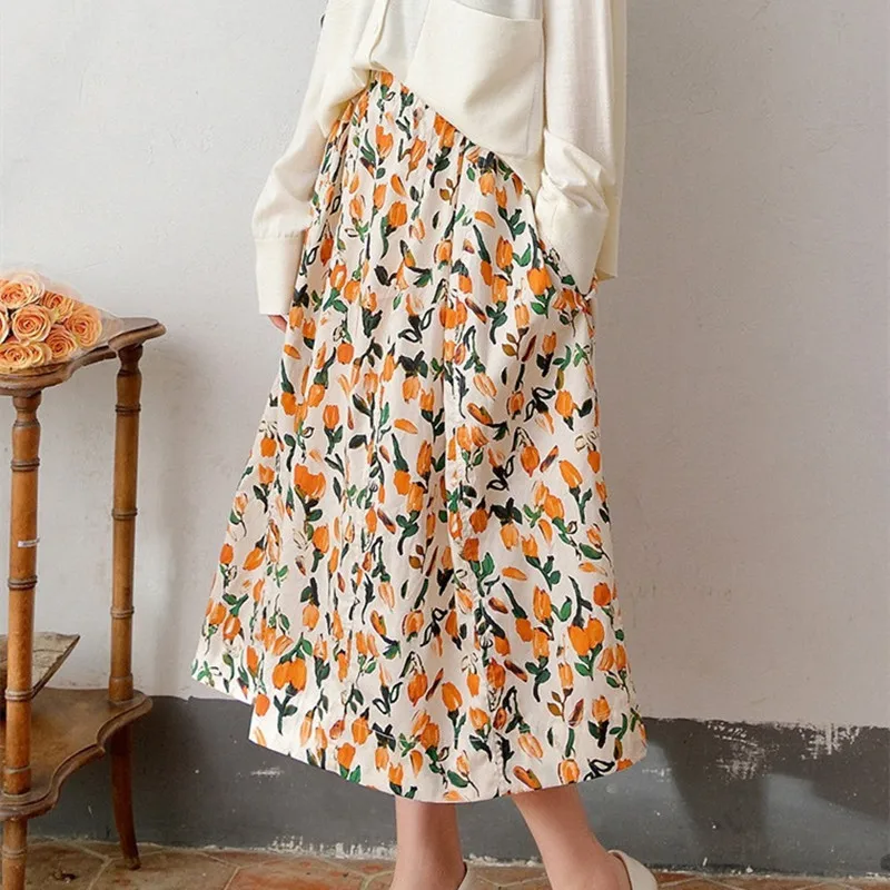 

Юбка-миди Женская хлопковая плиссированная с цветочным принтом и поясом на резинке