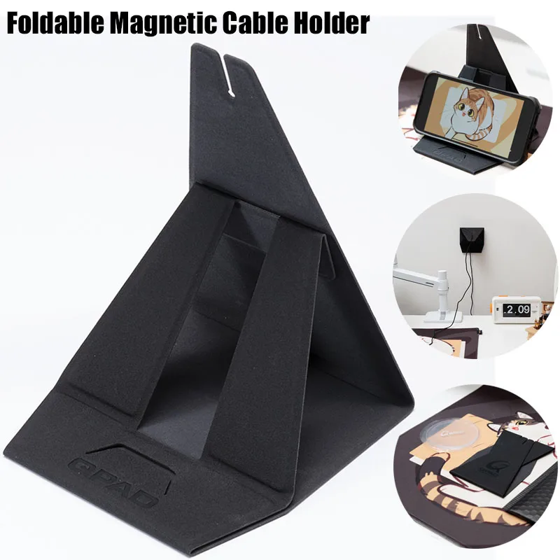 

Foldable Magnetic Cable Holder PU Washable Cable Winder Mouse Cord Clip with Reusable Nano Magic Sticker Portable Phone Stand