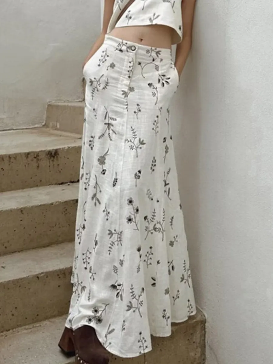 

Юбка-макси Женская с цветочной вышивкой, свободная повседневная винтажная модная трапециевидная Юбка со средней талией и карманами, 2023