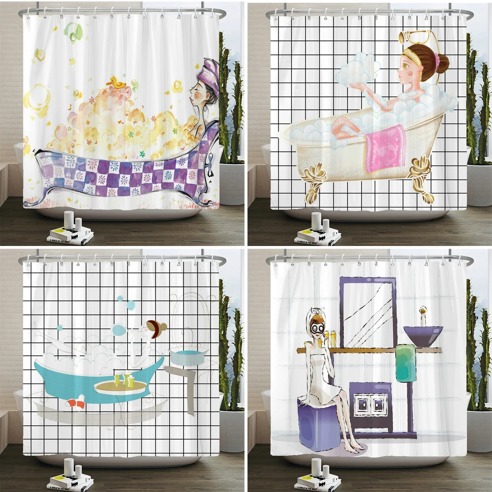 

Занавеска для душа в простом стиле для женщин, водонепроницаемая штора из полиэстера с принтом для девушек и женщин, моющаяся, домашний декор