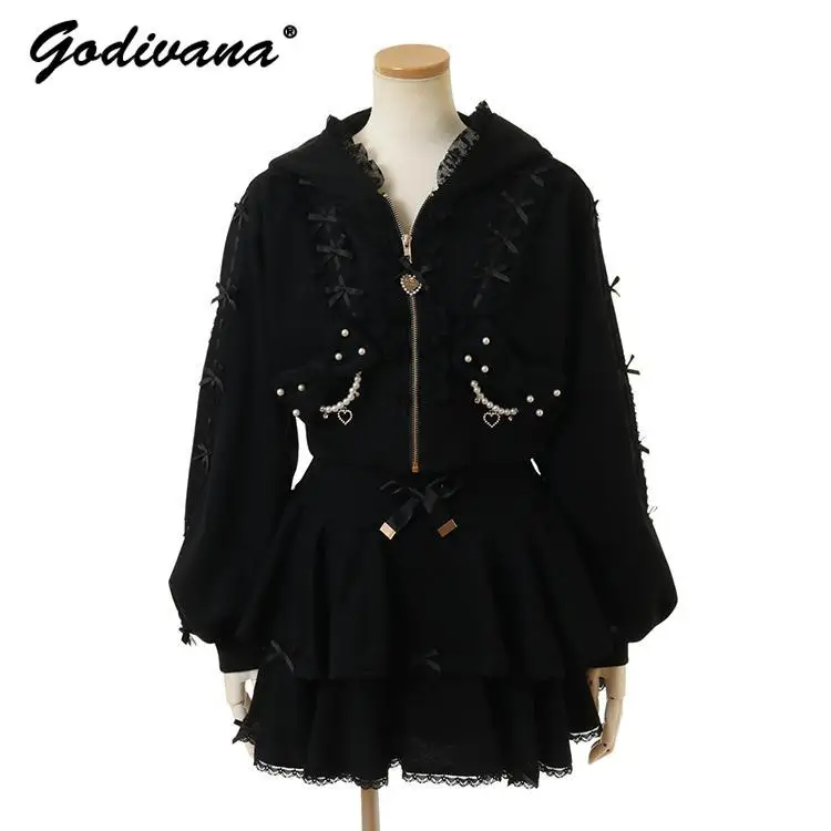 Милая милая кружевная короткая толстовка с капюшоном для японских девочек