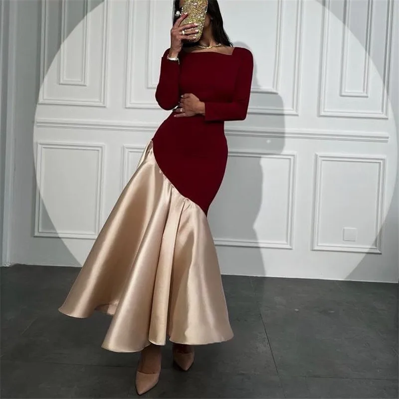 

Burgundy Mermaid Evening Party Dresses Long Sleeves Square Neck Simple Prom Dress Saudi Arabic Women Formal Event Gowns
