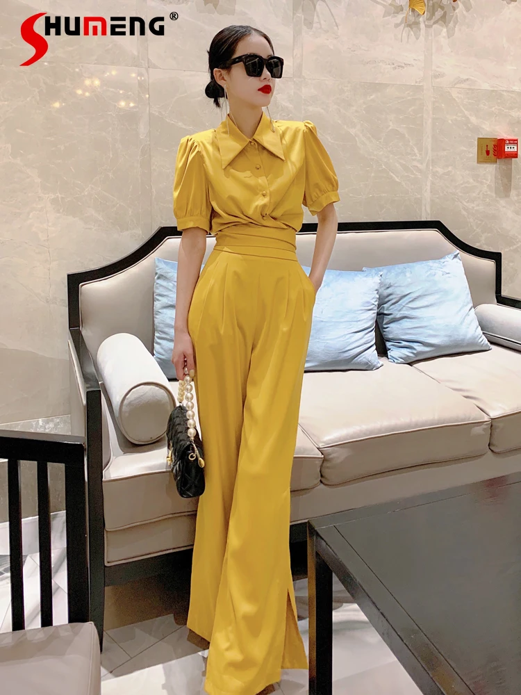 

Women's Summer High-Grade Temperament Shirt Acetate Satin Short-Sleeved Top Split Wide Leg Pants Business Two-Piece Set Tide