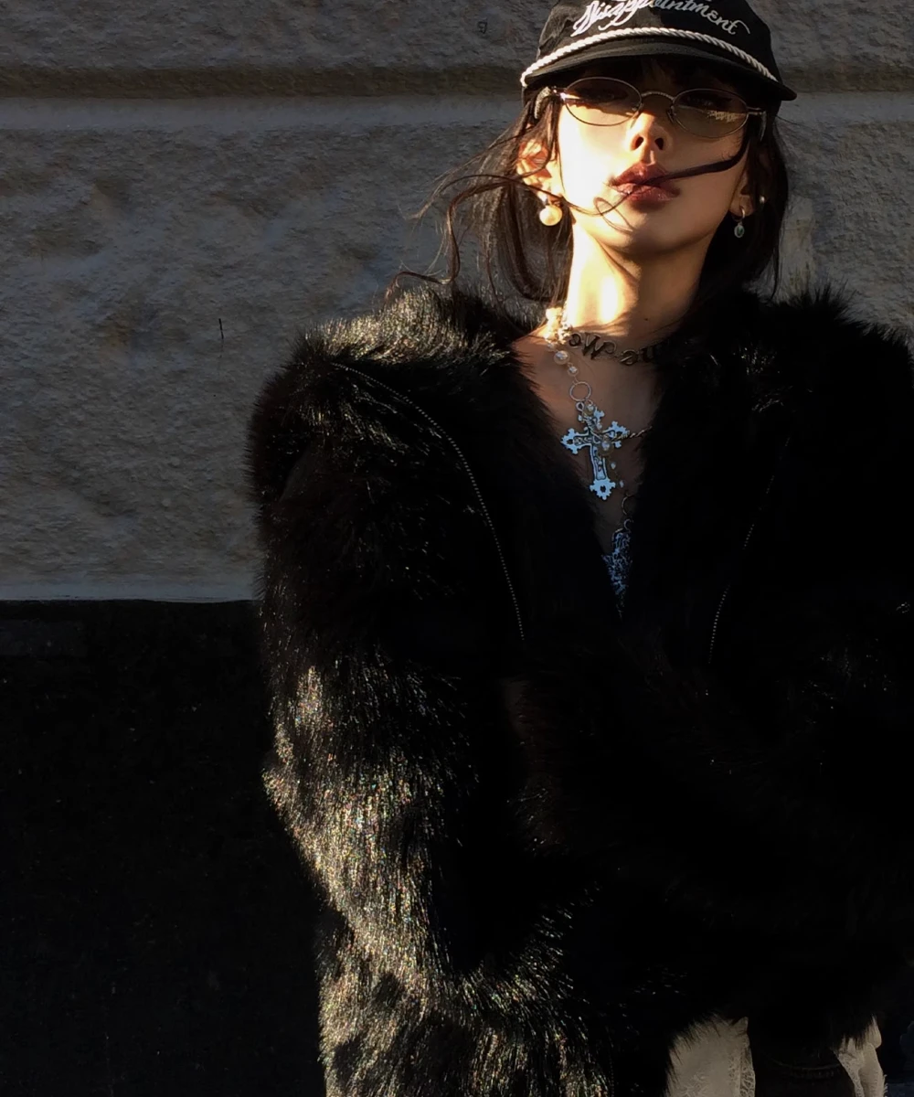 Роскошное черное пальто из искусственного меха женское зимнее теплое утолщенное