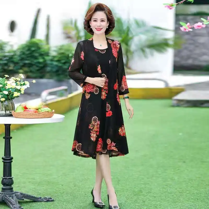 

Spring Summer Mesh 2 Piece Set Dress Women Party Cardigan Midi Dresses Elegant Vintage Robe Femme Large Size 4XL Clothing E209
