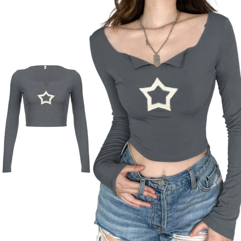 

Women Sexy V-Neck Long Sleeve Crop Top Grunge Aesthetic Star Applique Solid Color Bodycon Slim Fitted Pullover T-Shirts M6CD