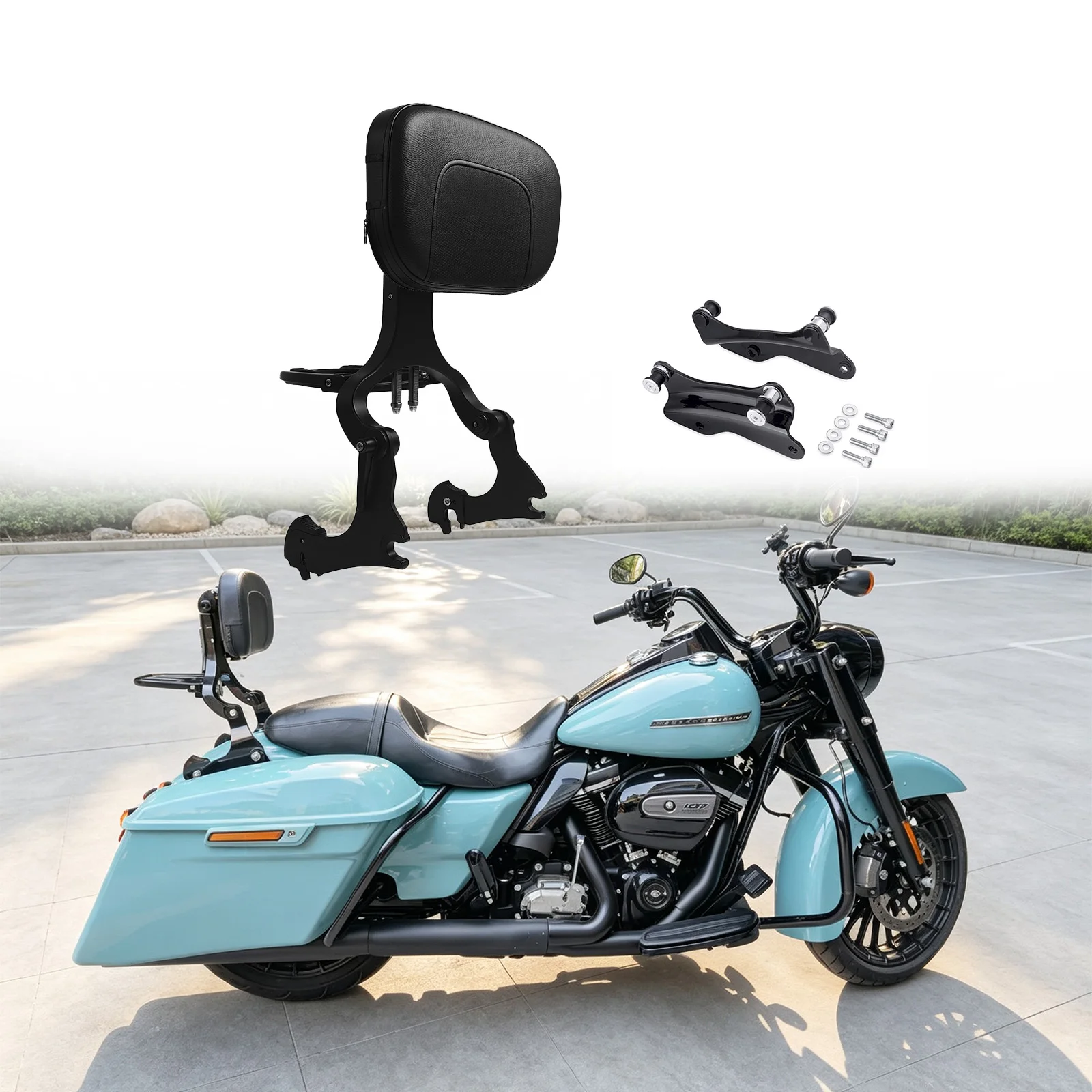 Фото Для Harley Road King Street Glide Ultra FLTRX CVO 09-26: Быстросъемная складная спинка-опора для водителя и пассажира (Sissy Bar) и комплект для крепления №1