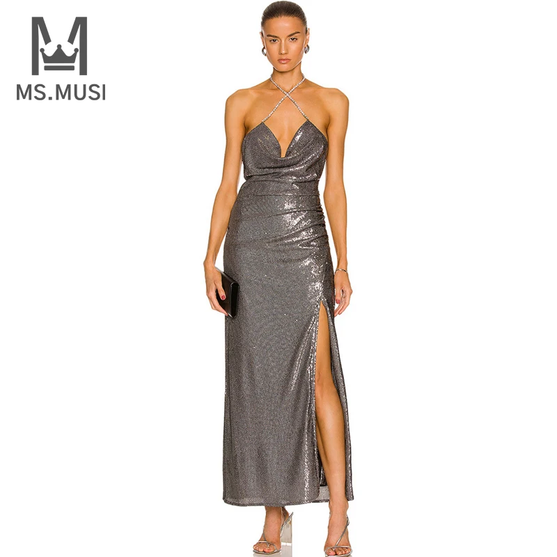 MSMUSI 2022 New Fashion Women Sexy Sliver Halter Sequin V Neck Bodycon Party Sleeveless Slit Backless Maxi Dress Long Dress Gown