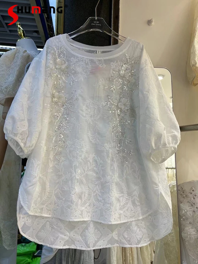 

Women's Beaded Sequins Lace White Shirts 2022 Summer New Loose Flower Embroidered Short Puff Sleeve Crew Neck Pullover Blouses