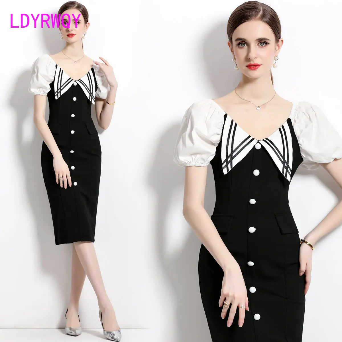 

Puff sleeves slim fit hips slim V-neck dress