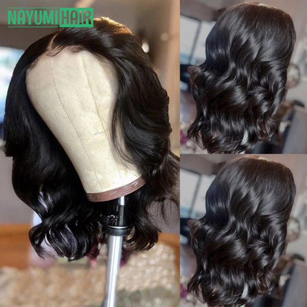 

Short Wavy Bob Wig Natural Wave Human Hair Wigs Remy Brazilian Hair 13x4 Lace Frontal Wig For Women 180% Density PrePlucked