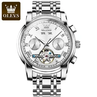 olevs fashion business men watch silver full steel strap luminous waterproof mechanical week calendar luxury mens watches 6607