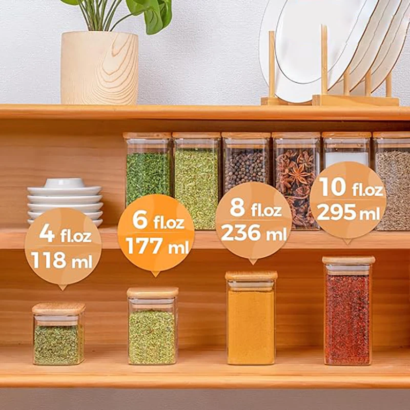 Стеклянная банка для специй из 8 предметов с бамбуковой крышкой герметичный
