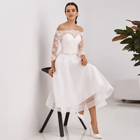 midi wedding dress off shoulder 34 sleeves a line short wedding gown white lace tea length beading belt bridal dresses 2022