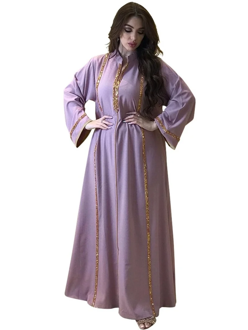 Morocco Abaya Women Dress Diamond Tape Trim Maxi Dress Autumn 2022 Stand Collar Long Sleeve Loose Oman Turkey Dubai Muslim Robe