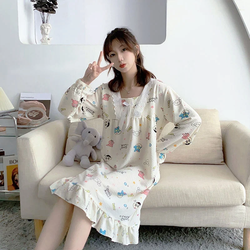

2023 Autumn Long Sleeve Cotton Print Nightgowns for Women Korean Cute Lace Sleepwear Homewear Night Dress Nightdress Home Nighty