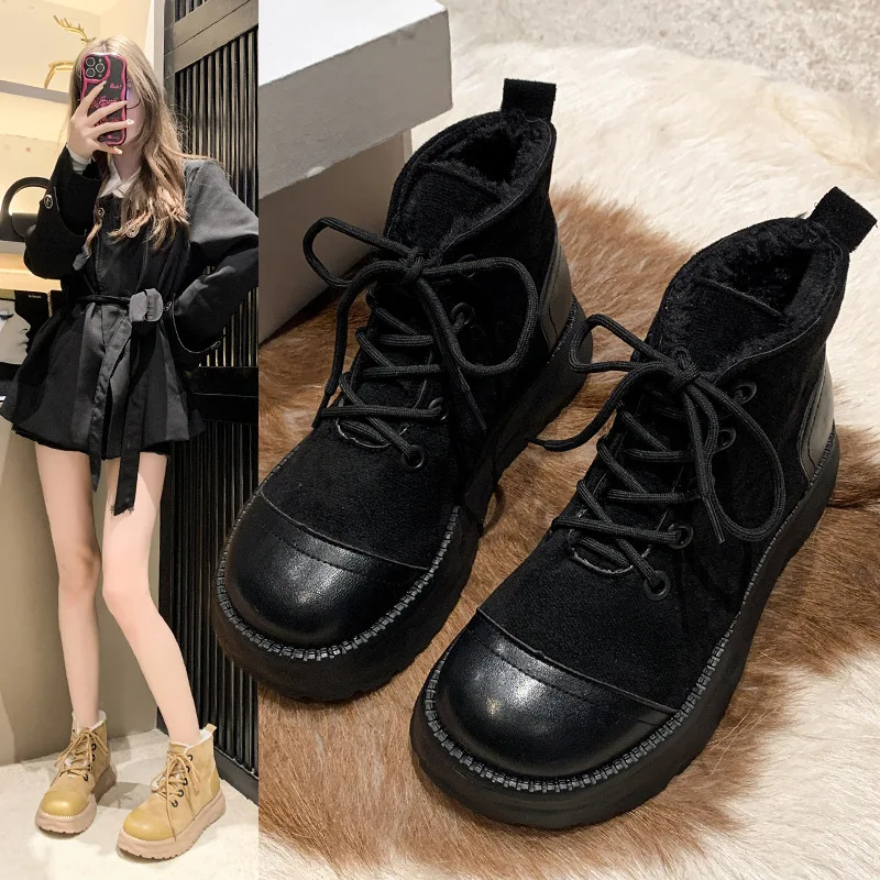 

Ботинки женские на платформе для верховой езды, уличная хлопковая обувь на шнуровке, с круглым носком, теплые плюшевые удобные сапоги на плоской подошве