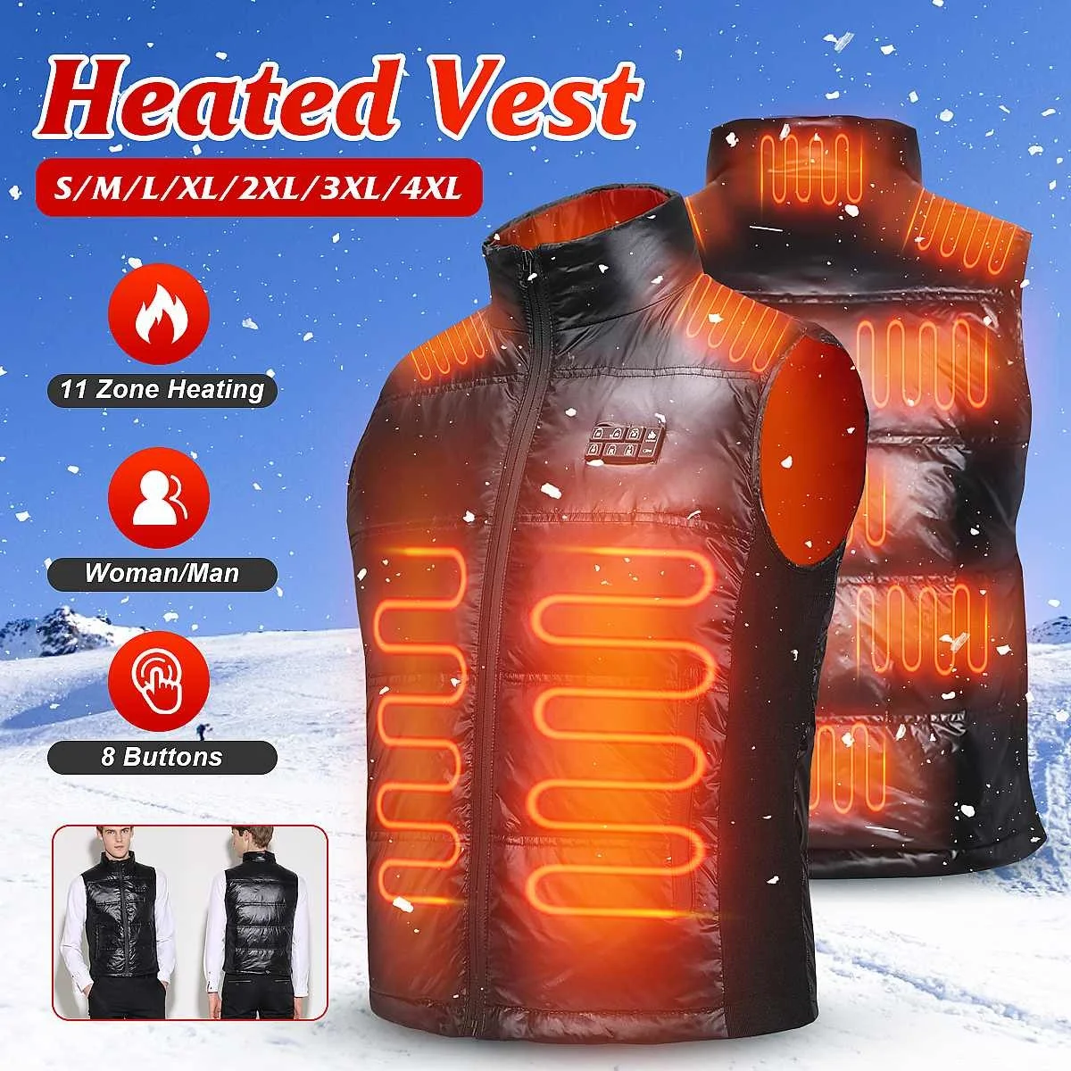 

11 женский и мужской Электрический жилет с подогревом, 8 кнопок, регулируемая спортивная одежда, утепленная куртка с подогревом, жилет с USB, ультра яркий жилет для кемпинга, лыжного спорта
