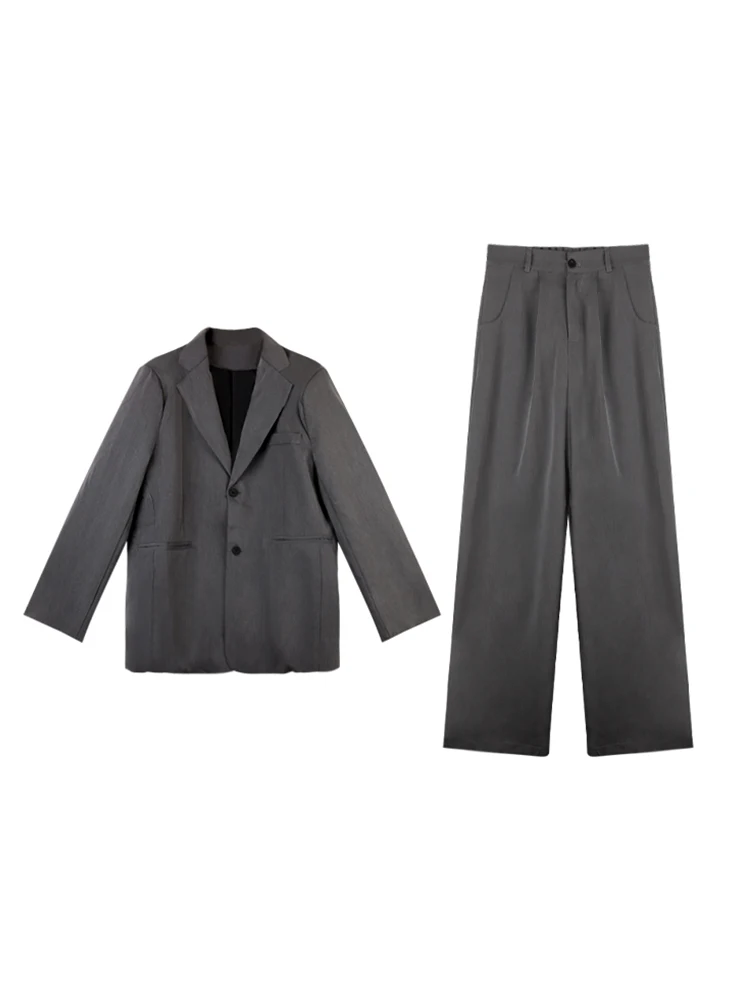 

Women Solid Color Autumn Winter Loose 2 Pieces Outfit Lapel Classic Long Sleeve Blazer+High Waist High Waist Pant Office Lady