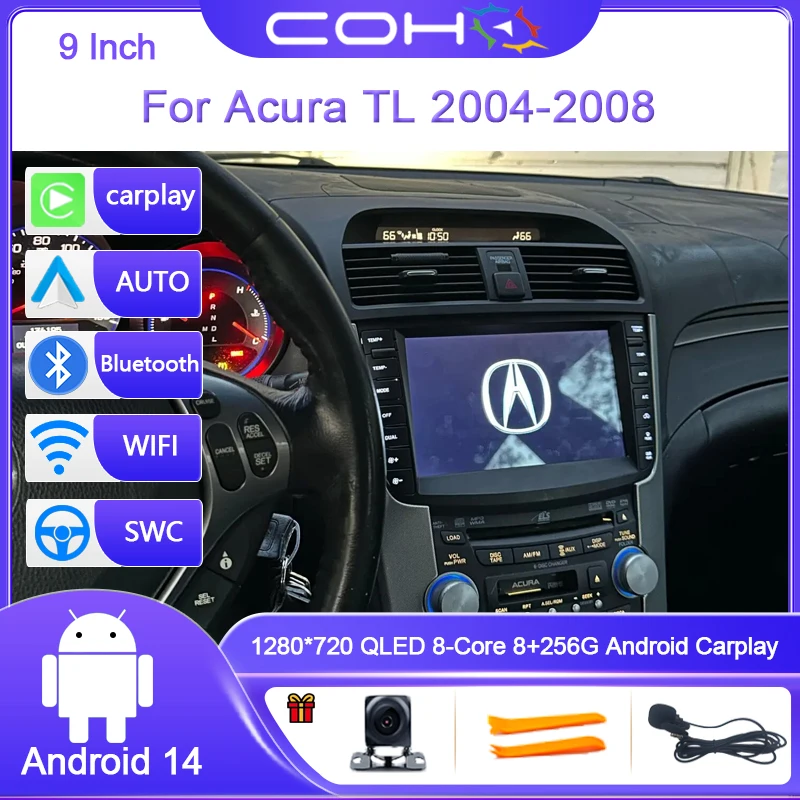Фото 9-дюймовый для Acura TL 2004-2008 Android14 8-ядерный 8G + 256G автомобильный мультимедийный плеер стереоприемник радио GPS 4G WIFI QLED Carplay Auto №1