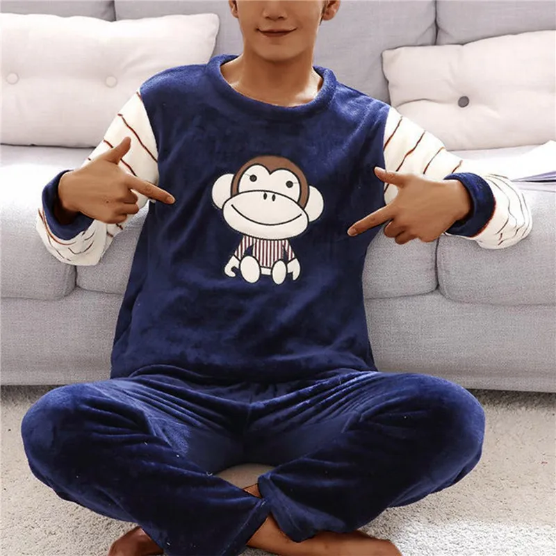 2022 Winter Flannel Pajama Sets Warm Cartoon Home Suit For Men Coral Velvet Sleepwear Suit Pyjamas Lounge Homewear Home Clothes