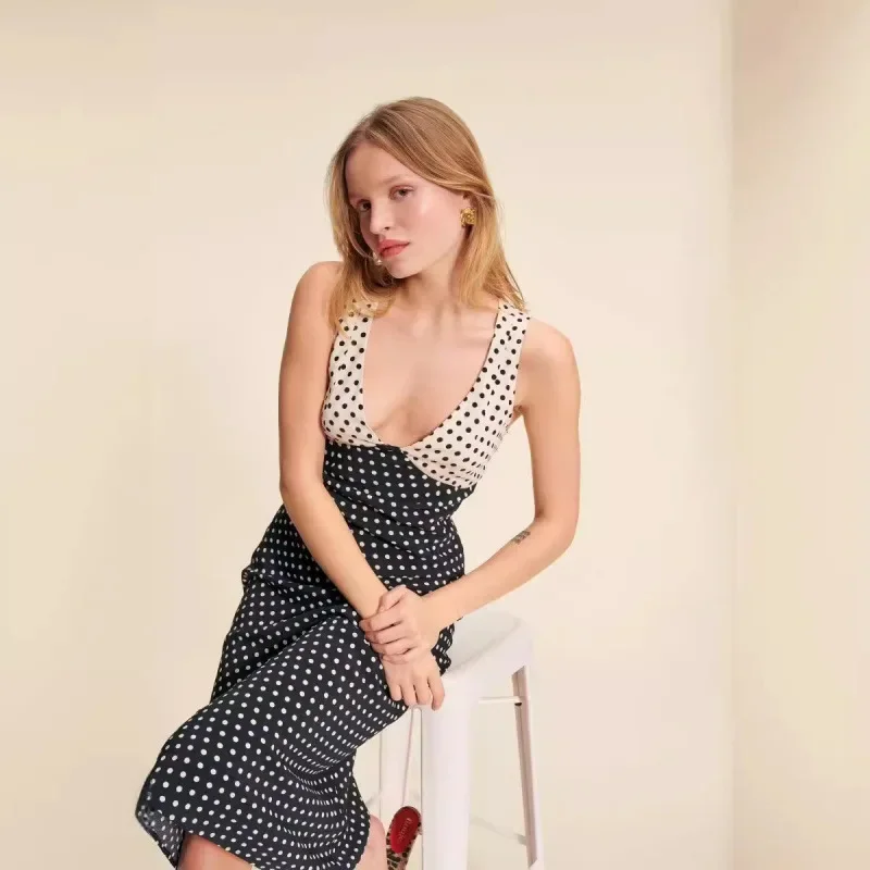 Французский Ro Home 2024 летнее оригинальное тканевое черно-белое платье в горошек с