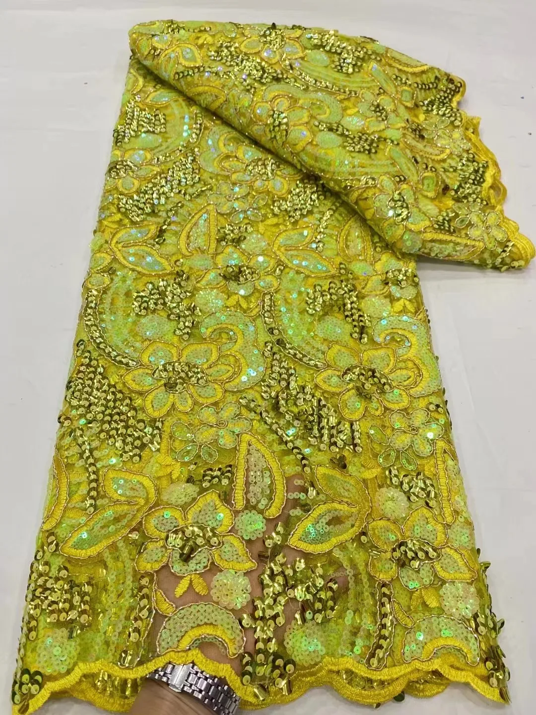 Yellow  African Sequence Lace Fabric 2023 High Quality Nigerian French Tulle Lace Fabric For Bridal Material Sewing