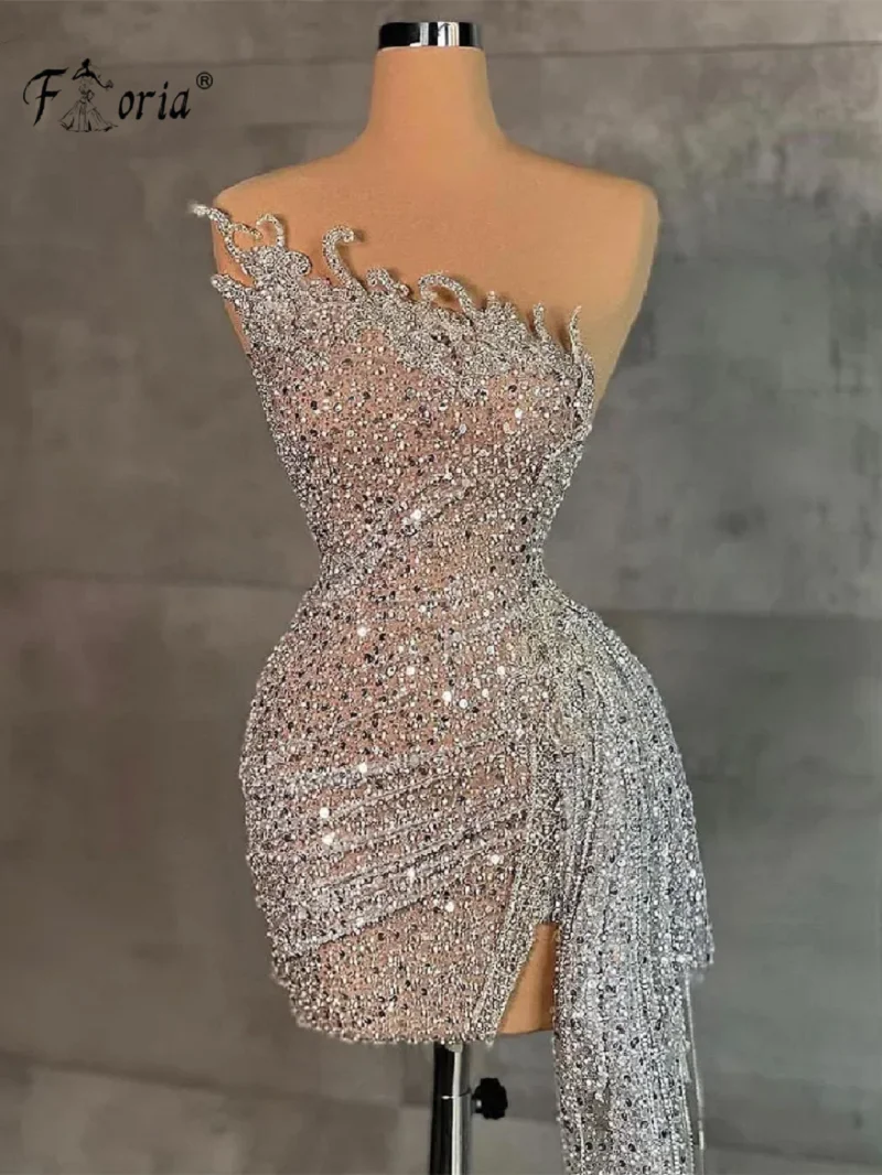 

Custom Made Sparkly Silver Beading Sequined Prom Dresses 2023 Glitter Backless Short Cocktail Dress African vestidos de cóctel