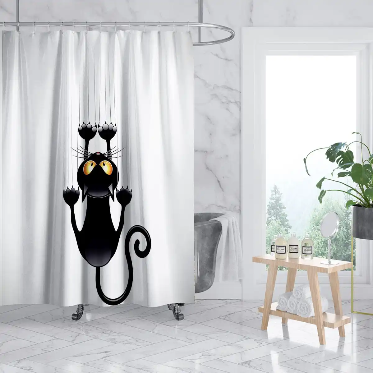 

Занавеска для душа с мультяшными кошками, детская штора из полиэстера, с крючками, с рисунком животного, черная белая, домашний декор