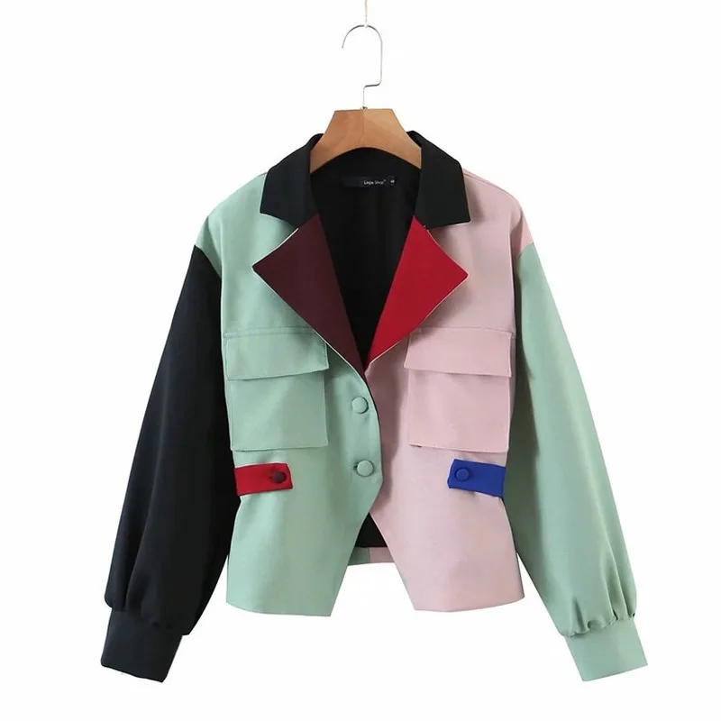 Ins Celebrity Blazer Suit Women Multicolor Slim Waist Simple Short Blazer Fashion Streetwear Contrast Color Single Breasted Suit