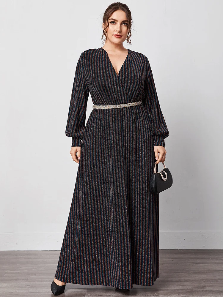 

Женское платье в полоску, с V-образным вырезом и длинными рукавами