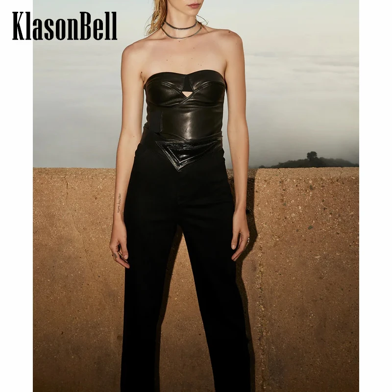 

2.7 KlasonBell Fashion Black Patchwork Leather Straight Jeans Women