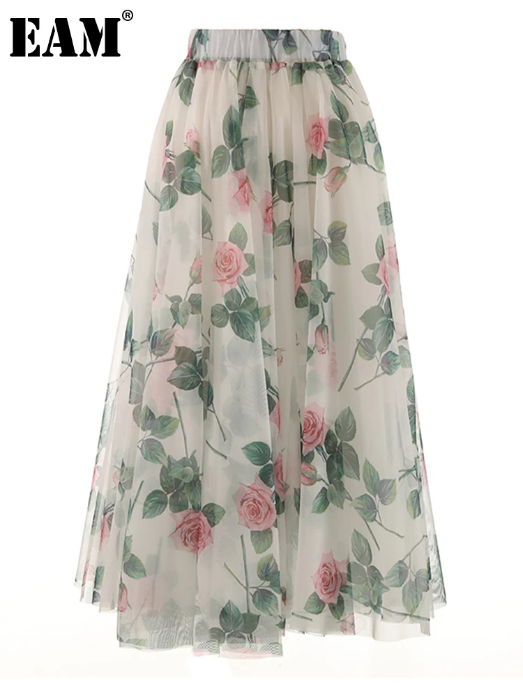 

[EAM] High Elastic Waist Red Pattern Printed Mesh Long Elegant Half-body Skirt Women Fashion Tide New Spring Autumn 2023 1DF8102