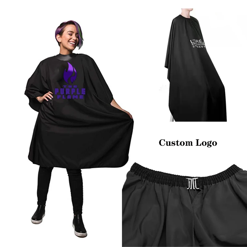 Custom Logo Salon Nylon Cape For Hairdresser Professional Barber Styling Cape With Adjustable Hook Black Waterproof  Gown Cape