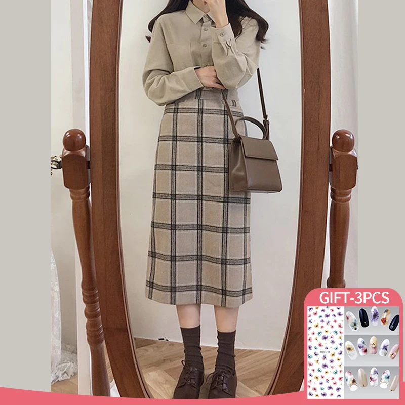 

Korean Fashion Vintage Elegant Lady Side Slit MId Long Skirt Winter 2022 New Pencil Skirt Plaid Woolen Warm Women Long Skirts