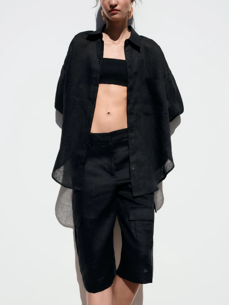 

Женские льняные шорты-карго ZA, свободные укороченные штаны с множеством карманов и высокой талией, широкие брюки с высокой талией, повседневные шорты-Карго