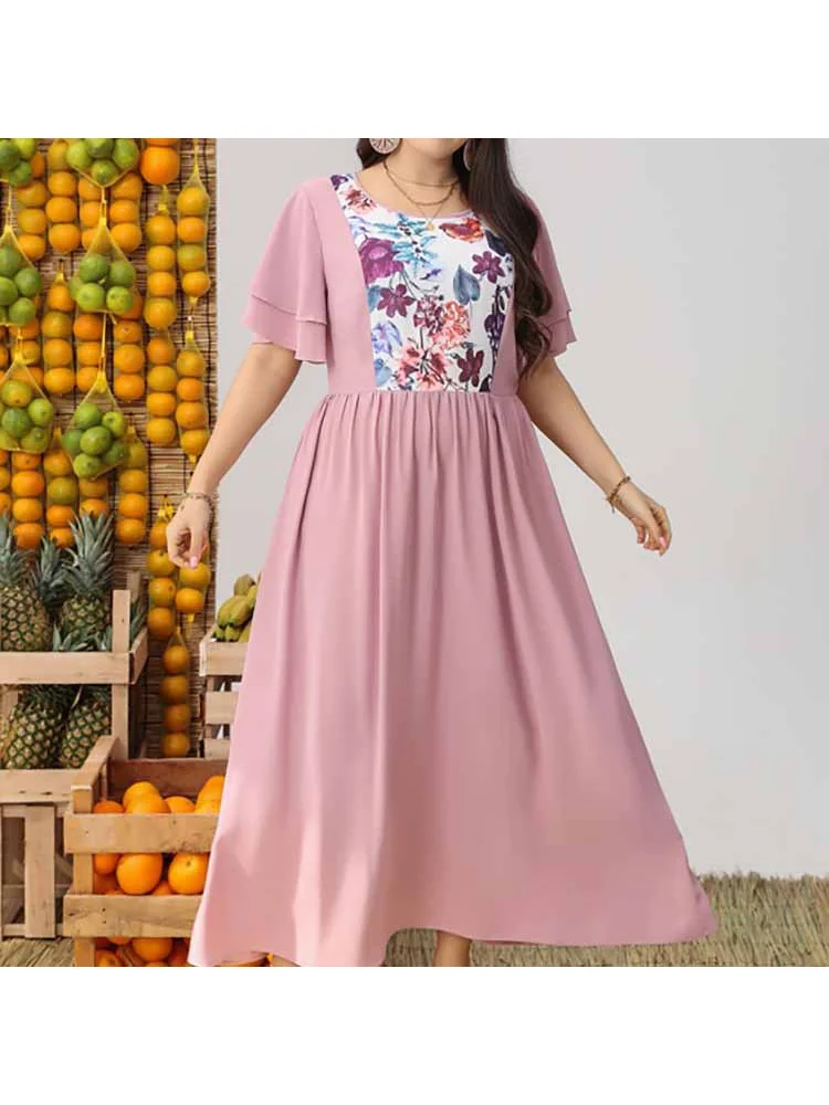 Middle East round neck mid-waist color matching large size women's dress color matching plus size dress
