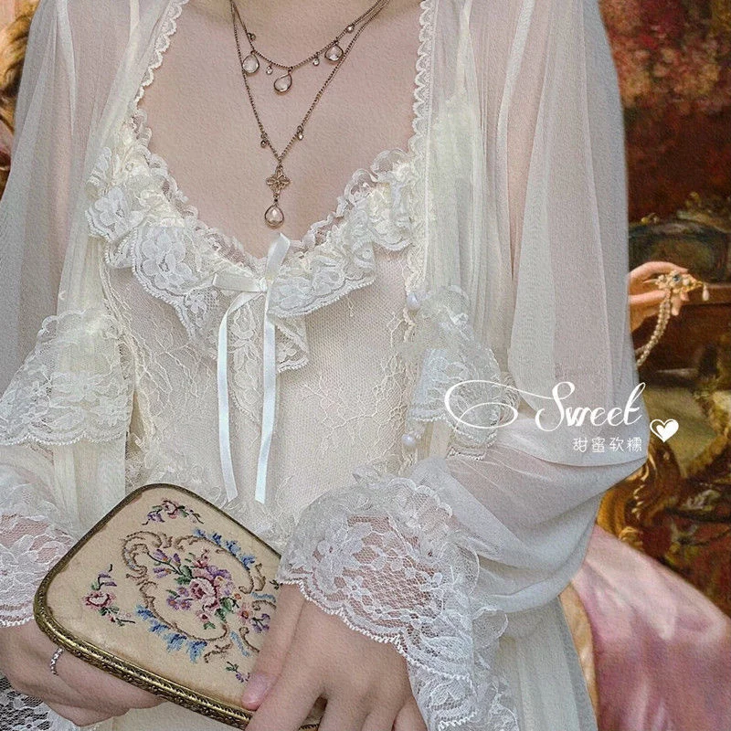 Spring Nightdress Women Lace Nightgown Retro French Vintage Thin Loose Sleepwear Elegant Dressing Gown Lounge Home Dressing Gown
