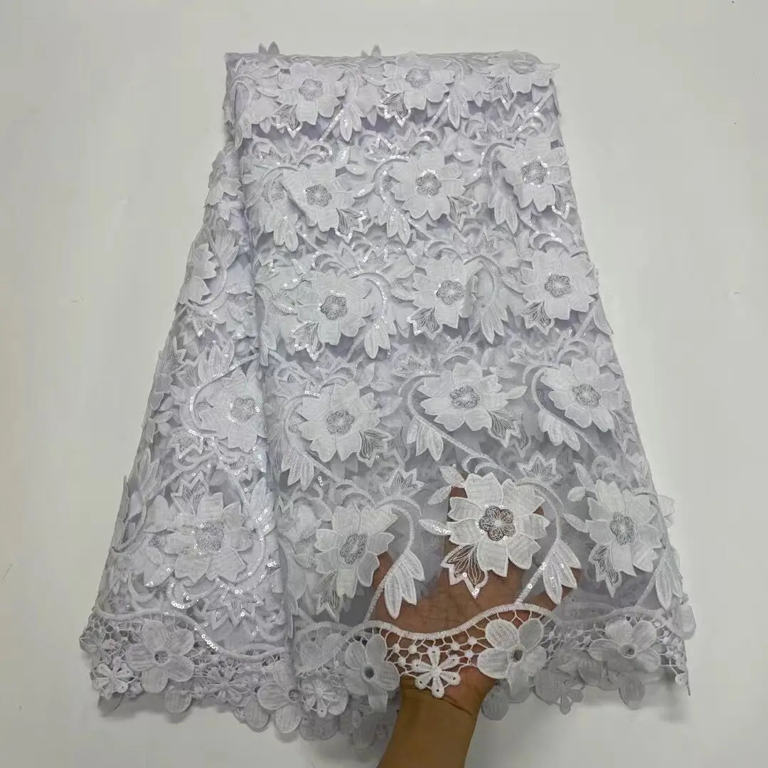 5 Yards Sequins African Bridal Lace Fabric Fashion 3D Flowers French Embroidery Tulle Net Lace Fabrics Wedding Dresses LY909
