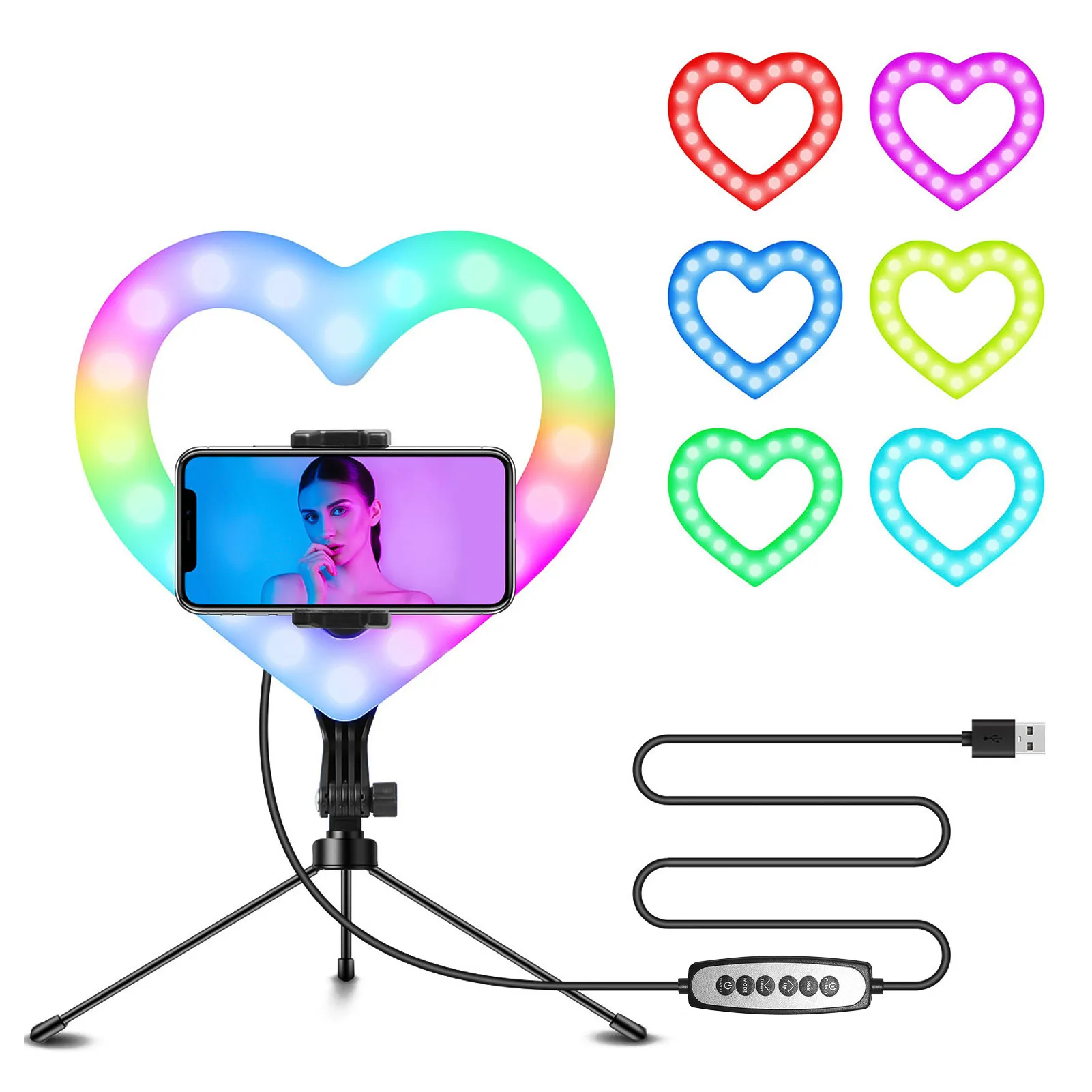 

10 Inch RGB Video Light Heart-Shaped LED Fill Light USB Phone Holder Desktop Stretch Stand/Tripod for Live Streaming 2Options