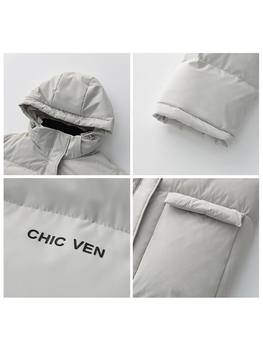 CHIC VEN Women's Down Coat Contrast Collar Solid Thick Detachable Hooded 90 White Duck Down Down Jacket Winter 2022